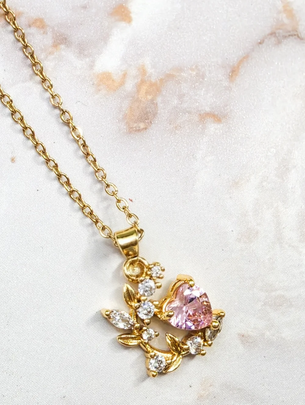 Dainty Gold Heart & Leaf Pendant Necklace Pink Crystal Jewelry